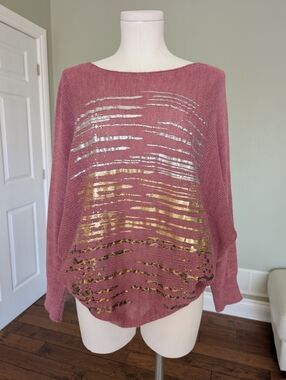 ViaVitale Oversized Dolman Sleeve Knit Top Metallic Detail Made In Italy XL